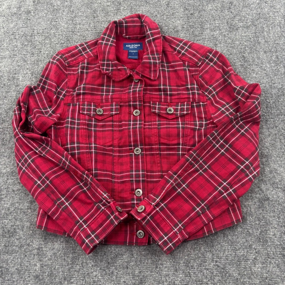 Arizona Jean Co Plaid Trucker Jacket Small Red Cotton Button Up Mens